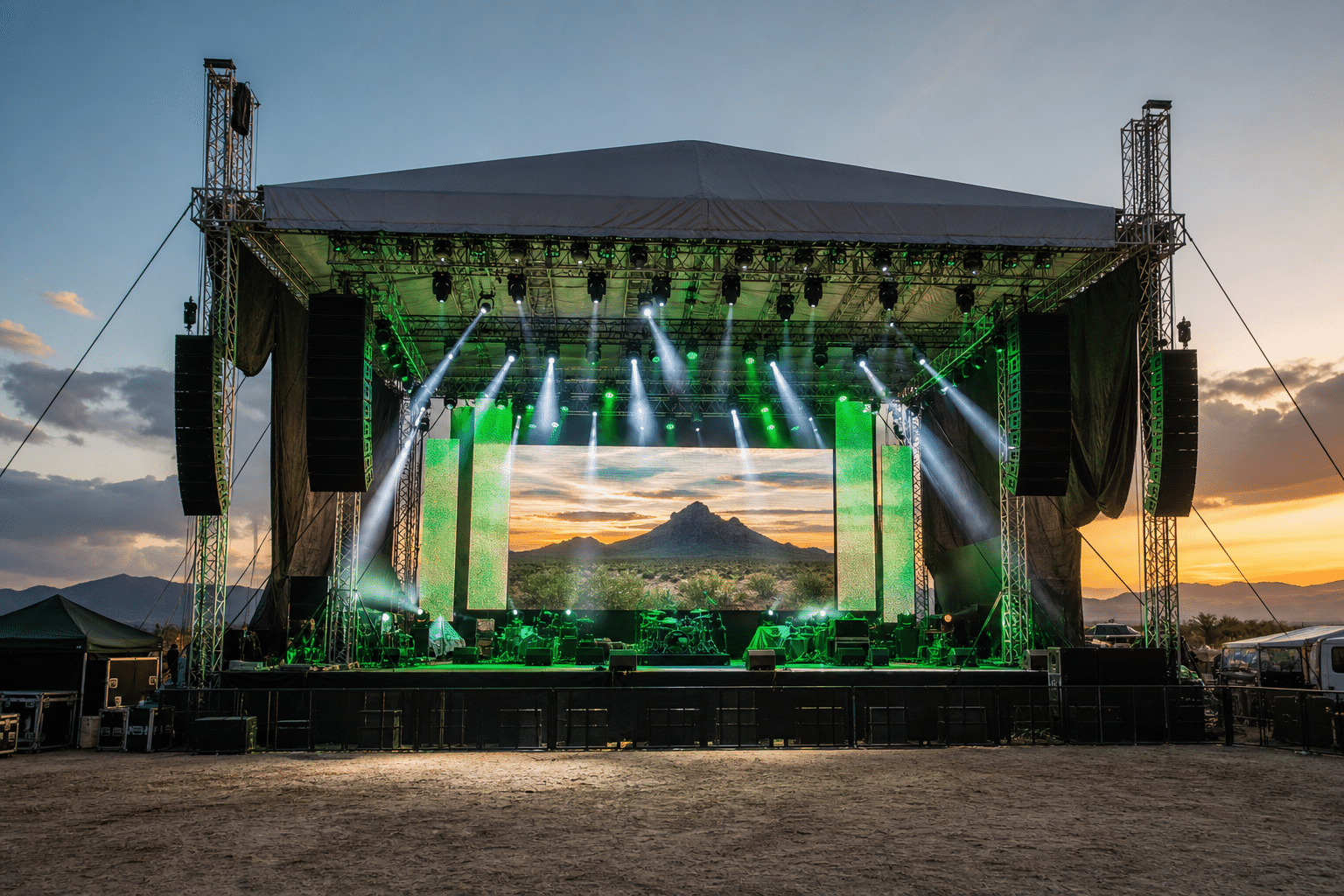 Escenario outdoor con LED wall, truss y look de festival